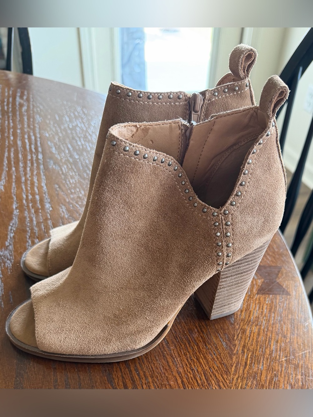 Lucky Brand Suede Open-Toe Studded Block Heel Booties - Tan Brown